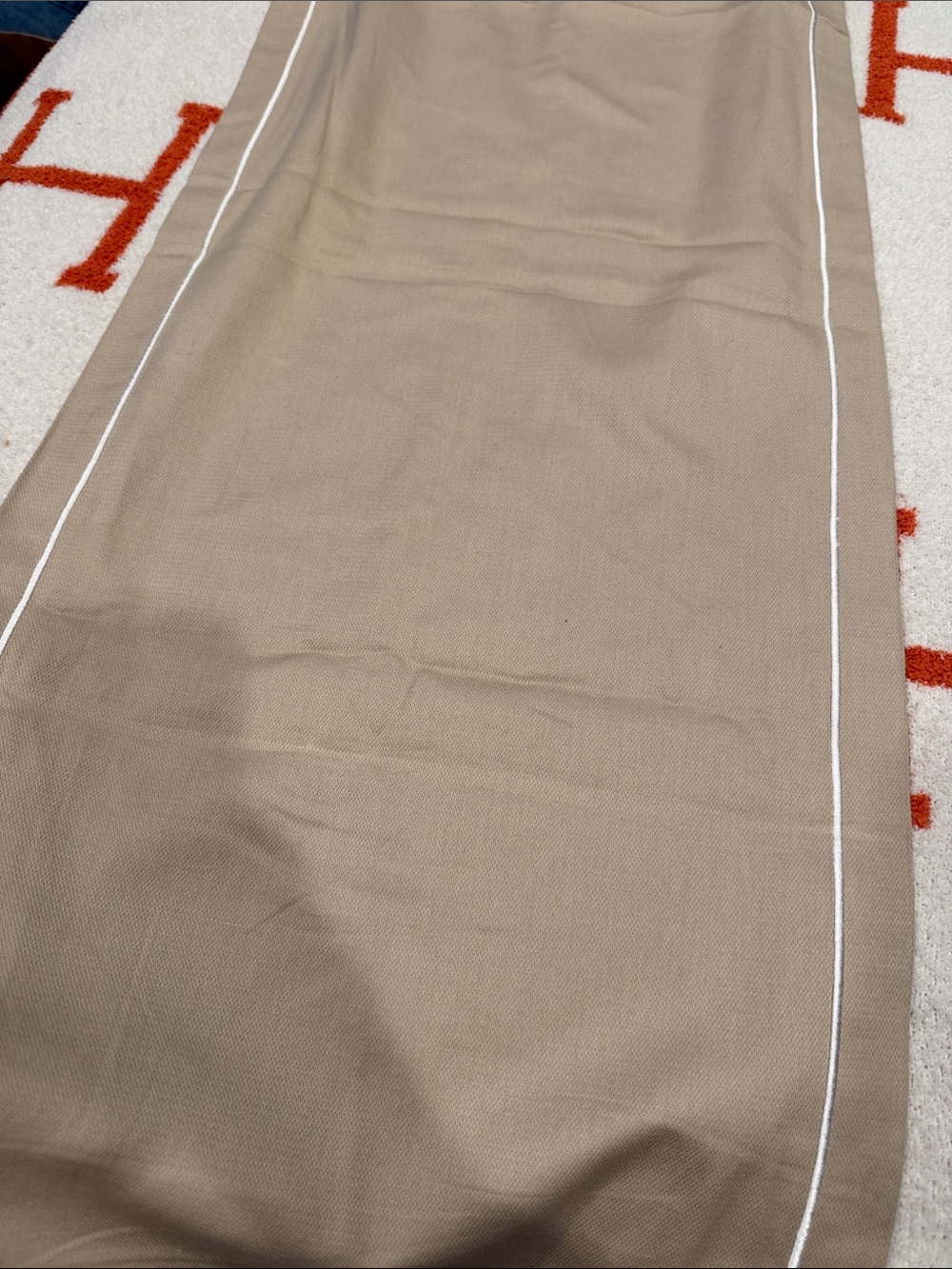 90x16.5” Williams Sonoma Tan Table Runner with White Piping